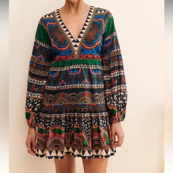 Anthropologie FARM Rio tribal tiger print Multicolor V-Neck Tunic Mini Dress XS - Picture 4 of 9
